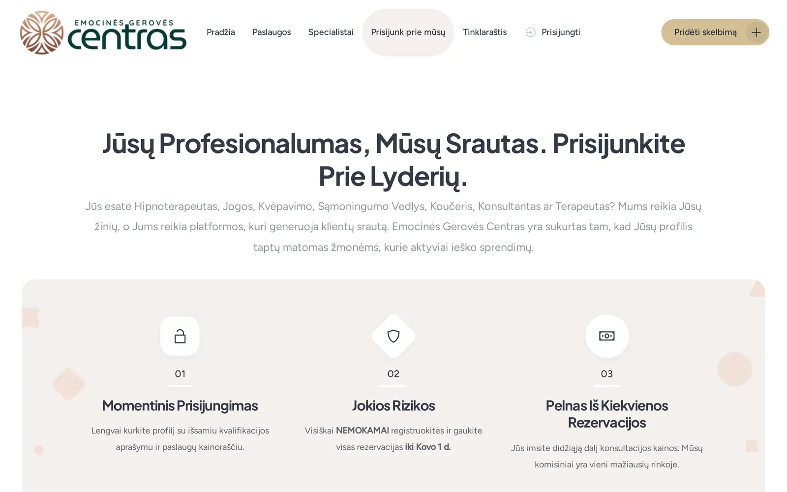 emocinesgerovescentras.lt – puslapis specialistams „Prisijunk prie mūsų“