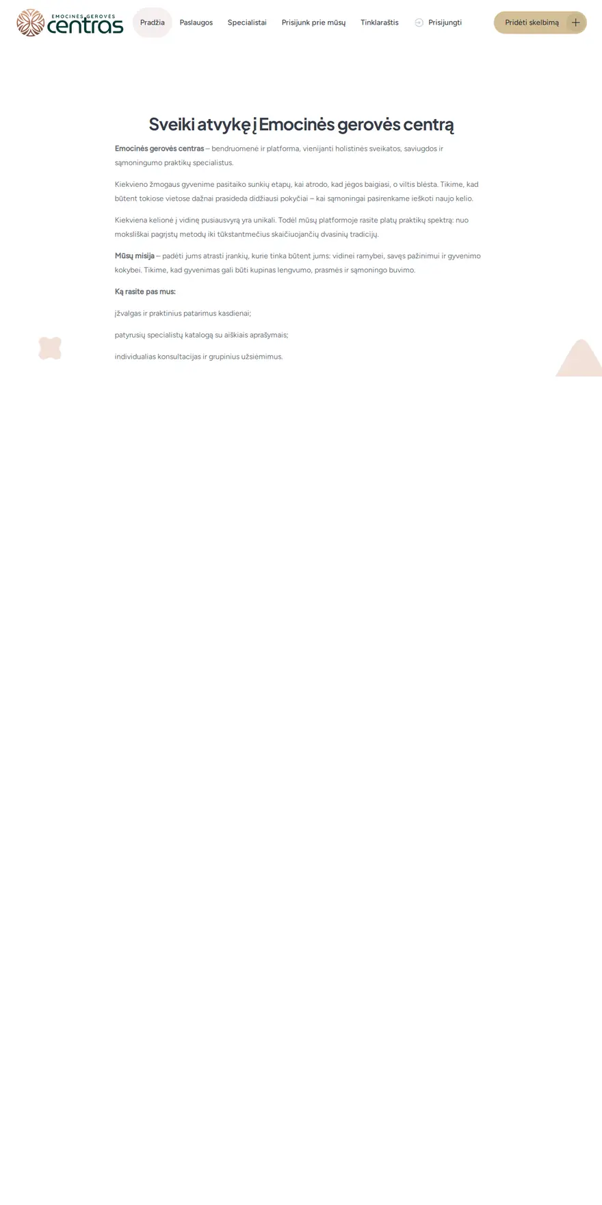 emocinesgerovescentras.lt — specialistų platforma, svetainės pradinis puslapis